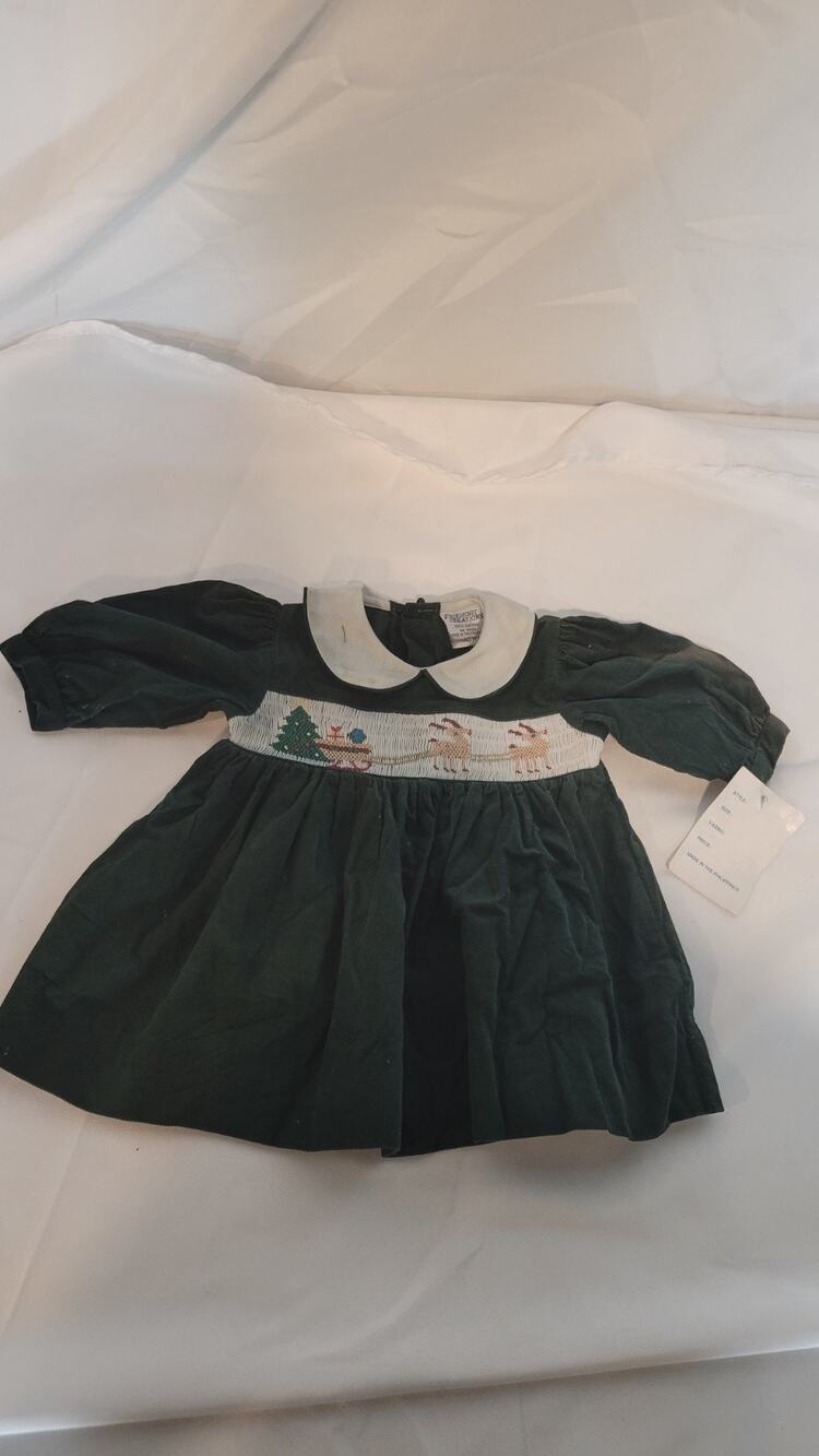 Vintage Friedknit Creations Baby 3M Christmas Dress Green Corduroy Smocked NWT